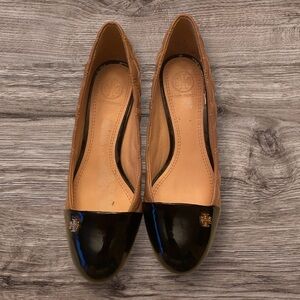 Tory Burch Black and Tan Quilted Wedges Size 5